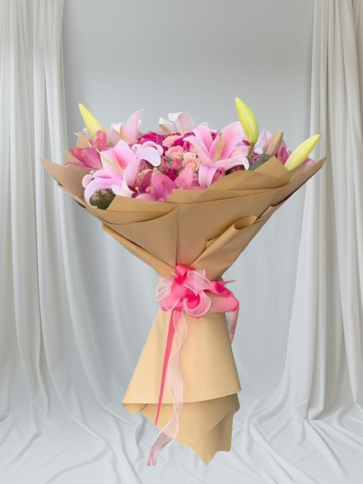 pink lilies and pergola roses